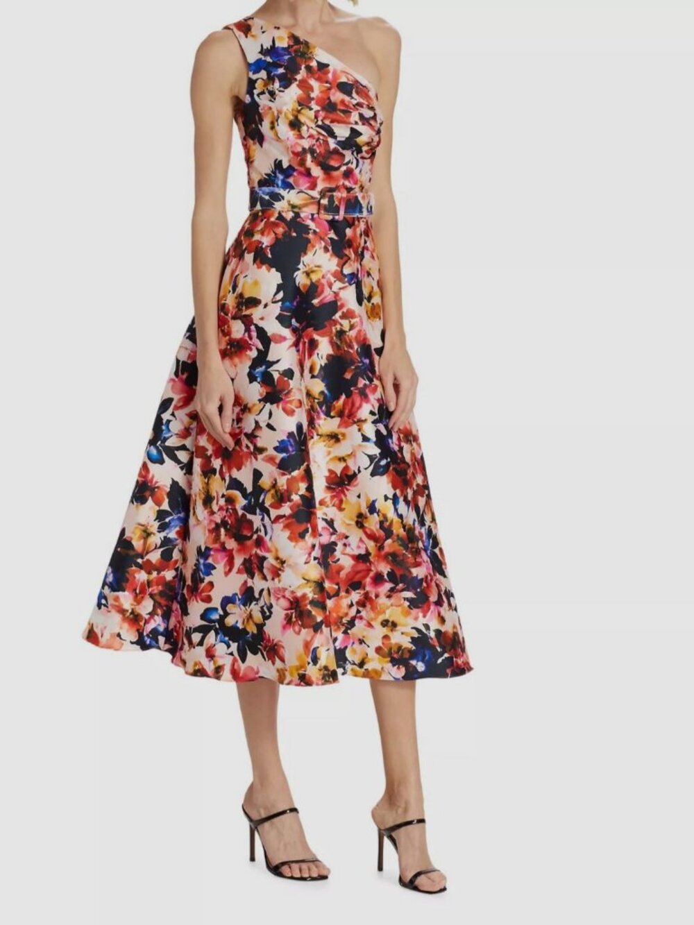 Badgley Mischka Women's Pink Floral Belted One-Shoulder Dress Size 16